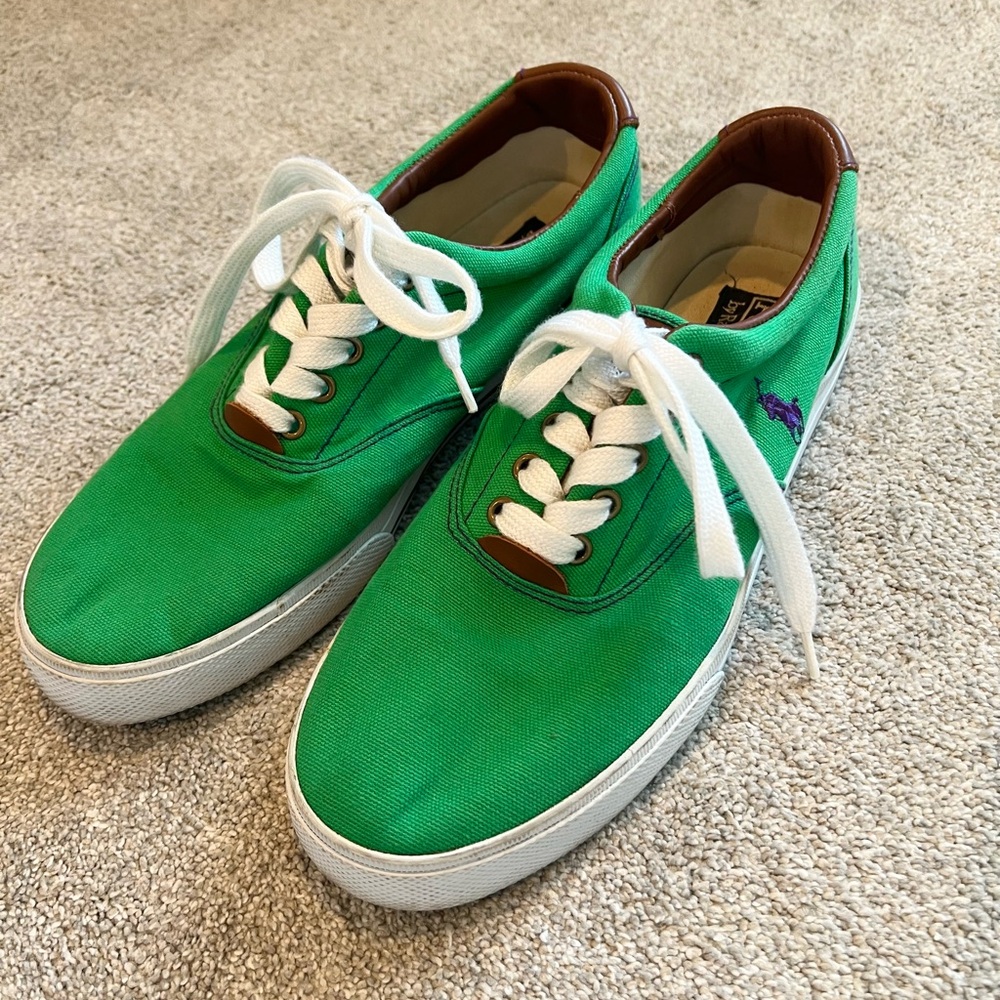 Polo by Ralph Lauren Green canvas, Purple stitching & Brown Leather Sneakers